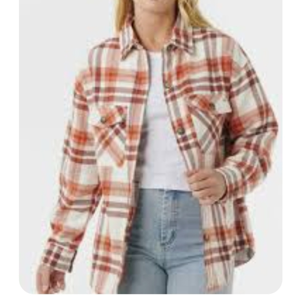Women's Plaid Button Down Flannel Warm Shades Of Orange, Cream, Rust Brown.